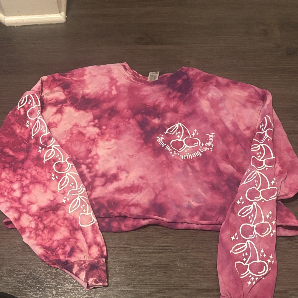 Pink Tie-Dye Cropped Sweatshirt with Cherry Design
